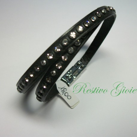 BRACCIALE IN PELLE NERO CON STRASS BIANCHI