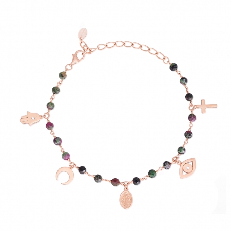 Bracciale rosario in argento rosato con pietre e ciondoli ref. 533324