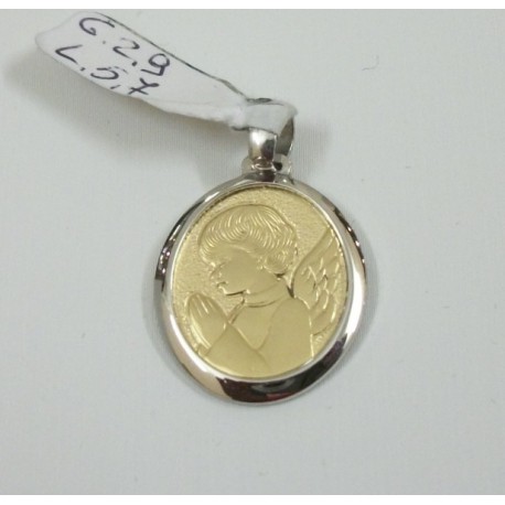 CIONDOLO PENDENTE MEDAGLIA IN ORO BIANCO E GIALLO 18Kt SOGGETTO ANGELO GR. 2,9